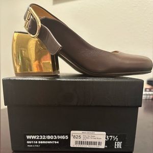 DRIES VAN NOTEN. Women’s 37.5 100% genuine leather slingback kitten chrome heels